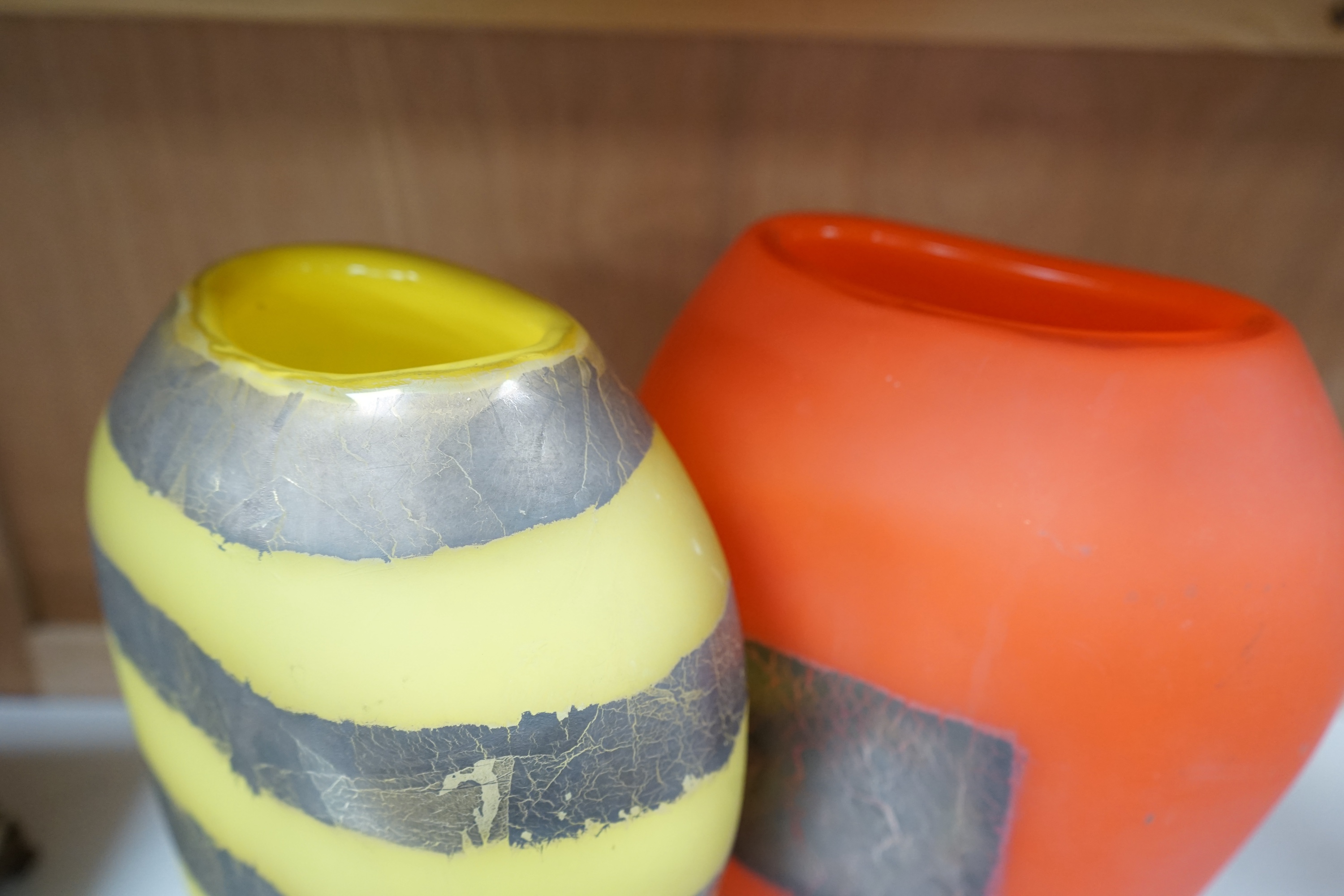 Two art glass vases: one yellow, one orange, 26cm high., Condition - good may need cleaning